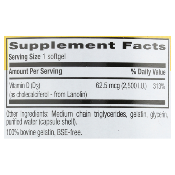 Supplement facts label for a vitamin D supplement on a white background