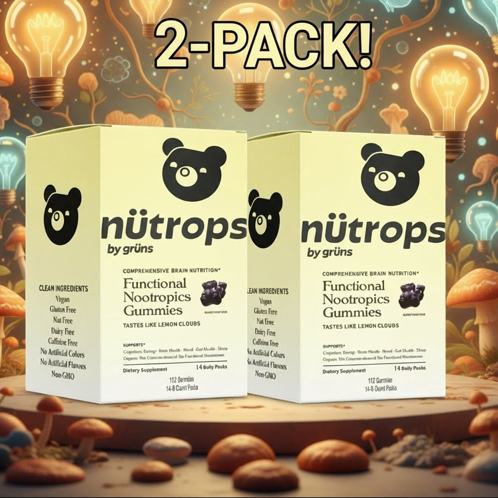 Box of näutrops by gréns functional nootropics gummies on a white background