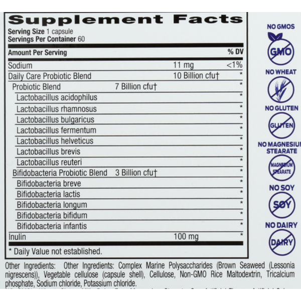 Supplement facts label with probiotic blend details on a white background