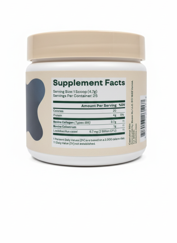 Clear close-up of the supplement facts panel showing Bovine Colostrum, Bovine Collagen (Types I & III), and Probiotics.