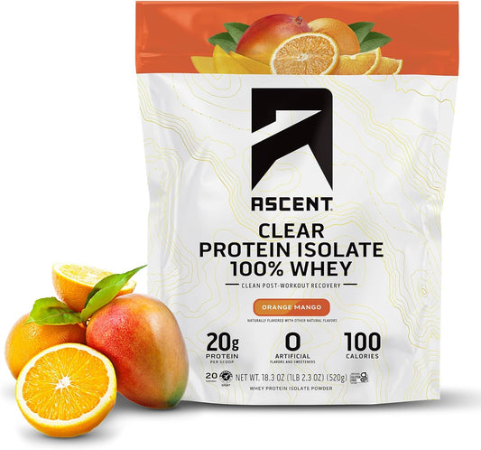 Ascent 100% Clear Whey Protein Powder - Orange Mango (20 Servings, 520g) - Clean Post-Workout Whey Isolate with 5.5g BCAAs & Zero Artificial Ingredients