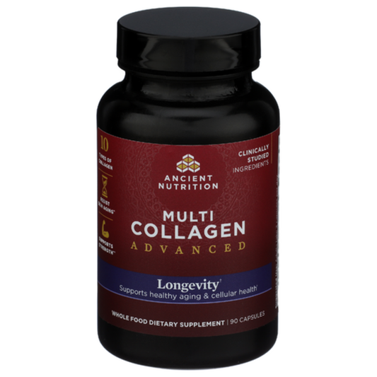 Single bottle of Ancient Nutrition Longevity Advanced Multi Collagen (90 count), highlighting the '10 Types of Collagen' feature.