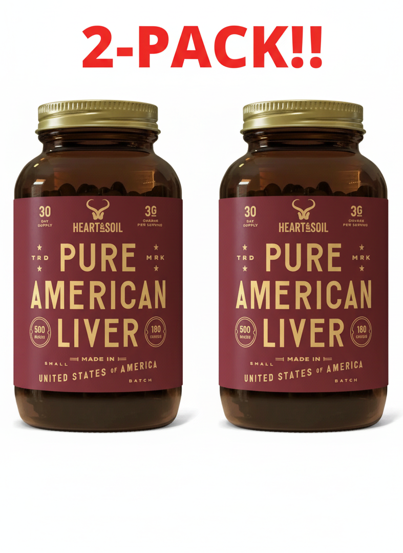 wo bottles of HEART & SOIL American Liver Supplement, 3000mg Grass-Fed Beef Liver capsules, 180 counts each, sold as a 2-Pack Value Bundle.