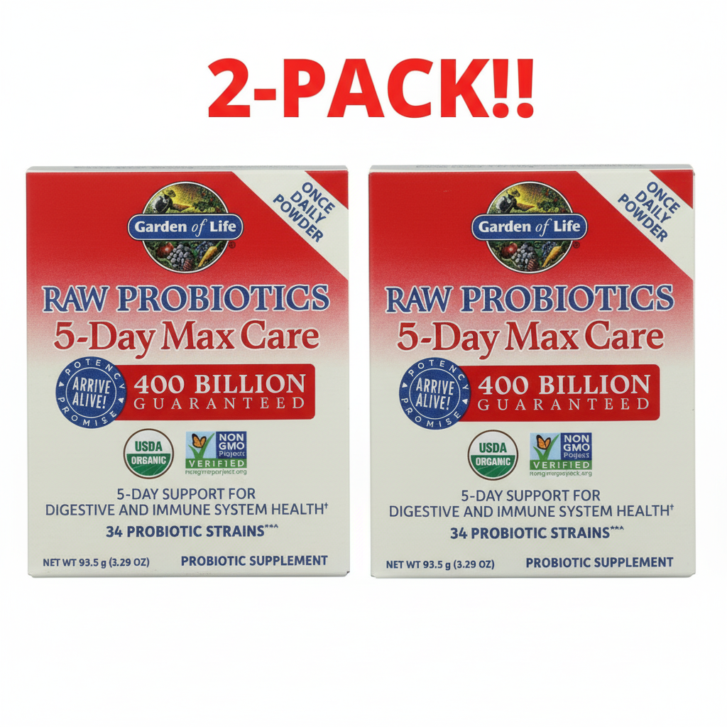 Two Garden of Life Raw Probiotics 5-Day Max Care 3.29 oz bottles displayed together, clearly labeled "Double Pack" or "2-Pack Bundle," emphasizing "400 Billion CFU" and "5 Day.