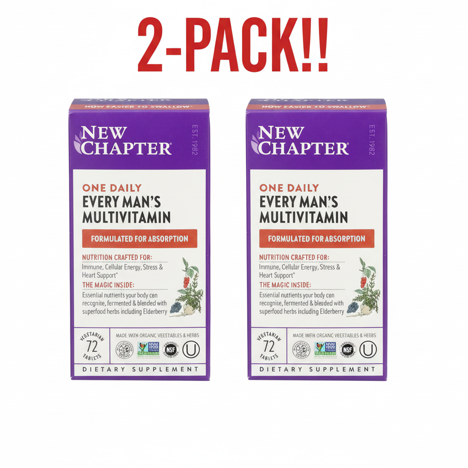 Two boxes of New Chapter Every Man's Multivitamin on a white background with '2-Pack!' text above.