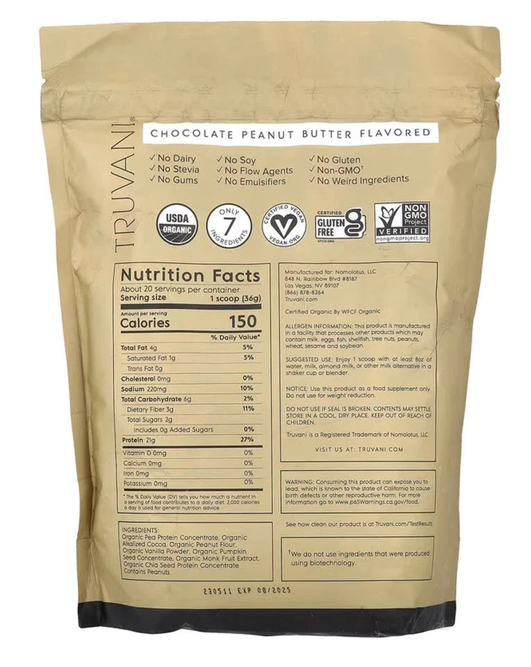 2 Pack! Lot of TWO Truvani protein powder Chocolate Peanut Butter 25.75oz Ex1/27