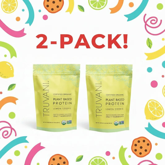 Two bags of Truvani Organic Lemon Cookie Protein Powder, 23.07 oz (1.44 lbs) each, shown as a 2-Pack bundle.