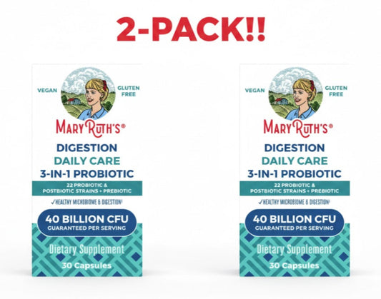 Two boxes of Mary Ruth's Digestion Daily Care 3-in-1 Probiotic on a white background