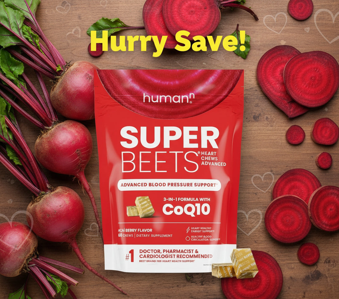Red package of 'Super Beets' heart chews with CoQ10 on a white background