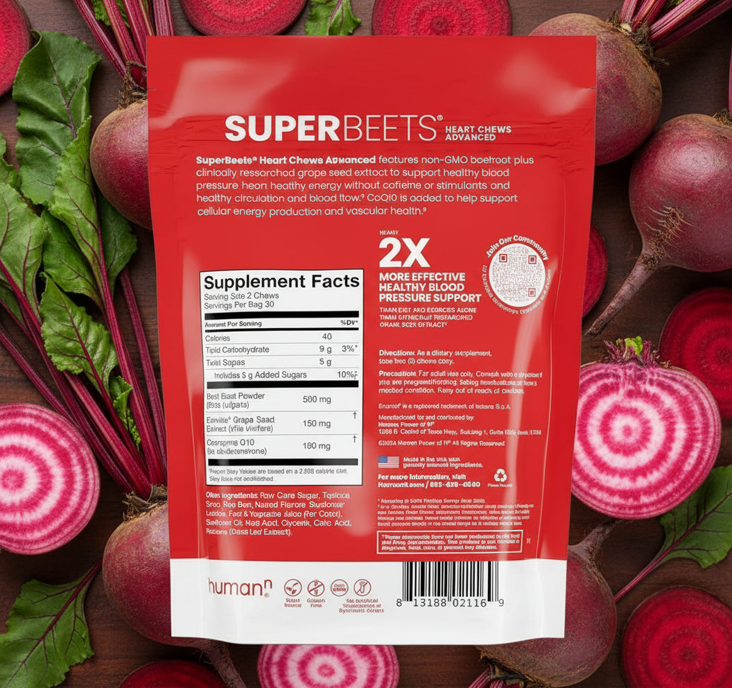 Red package of SuperBeets heart chews with supplement facts on a white background