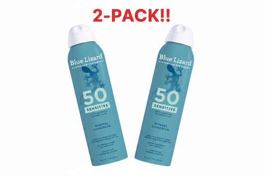 Blue Lizard sunscreen spray bottle on a white background