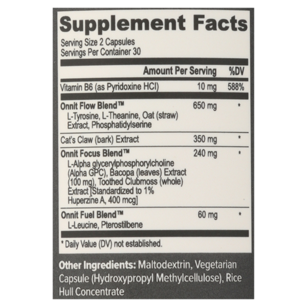 Image of one bottle with a graphic overlay highlighting key ingredients: Alpha GPC, L-Theanine, and Bacopa.