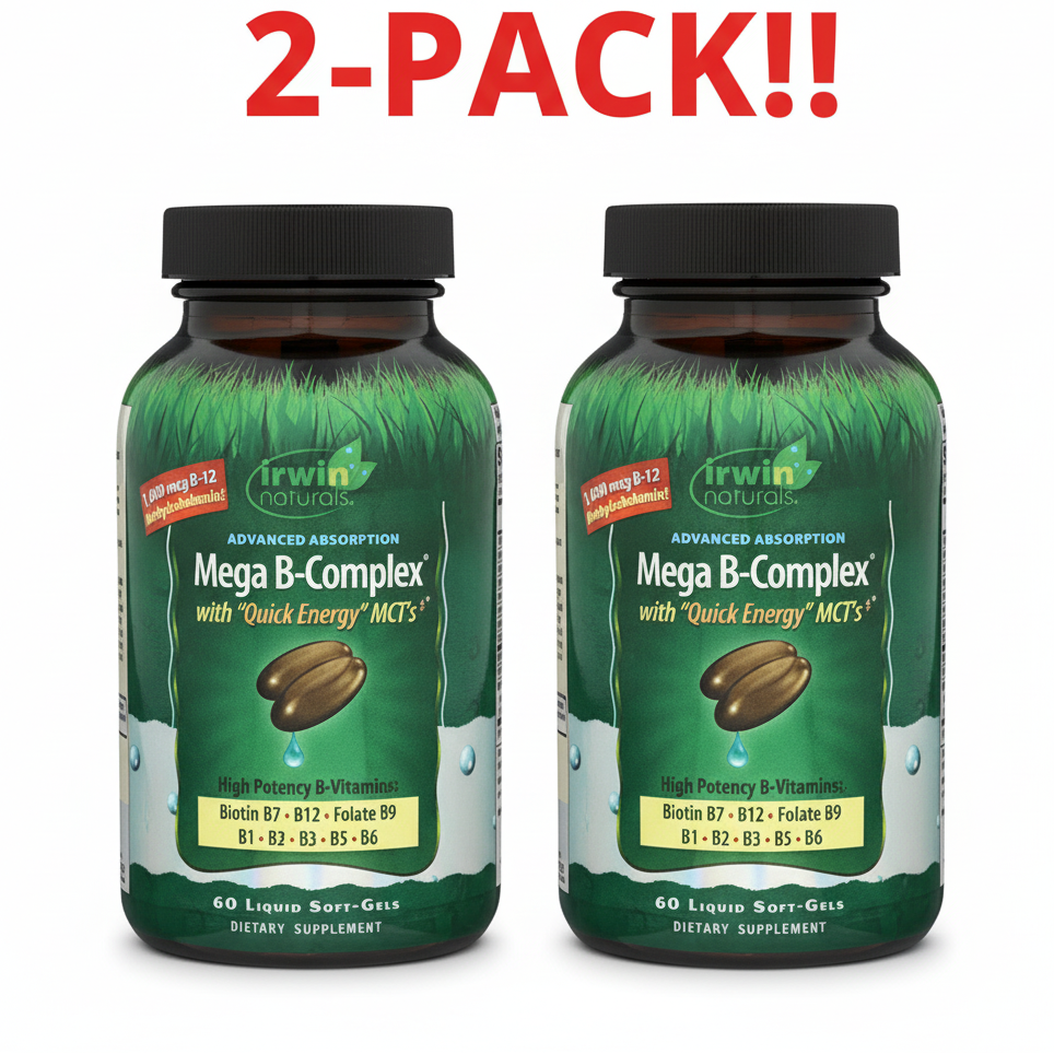Irwin Naturals Mega B-Complex supplement bottle on a white background