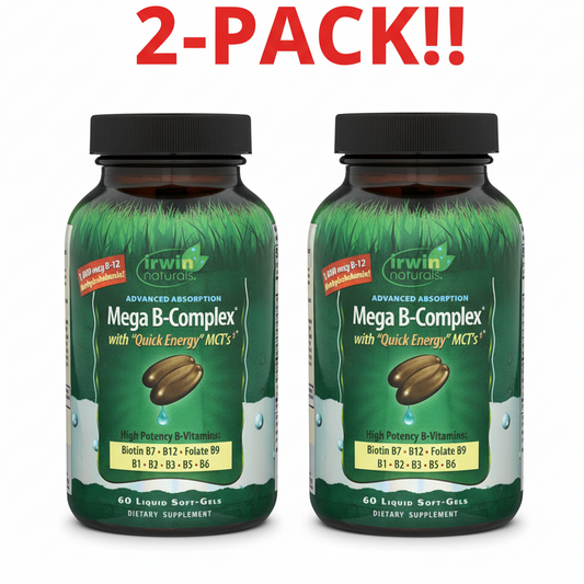 Irwin Naturals Mega B-Complex supplement bottle on a white background