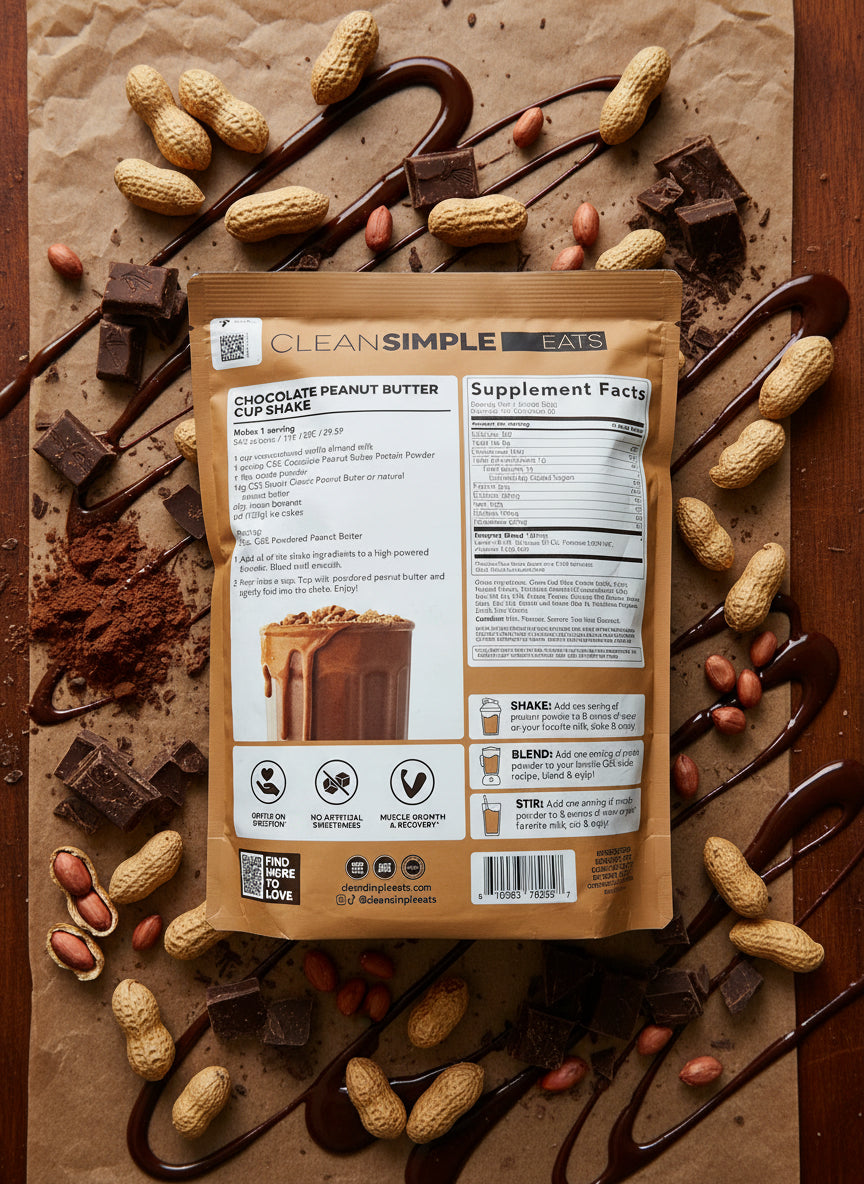 Back of a chocolate peanut butter cup shake package with supplement facts and branding.