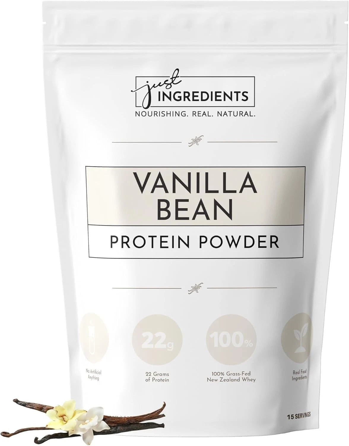 Vanilla bean protein powder package with 'just ingredients' branding on a white background