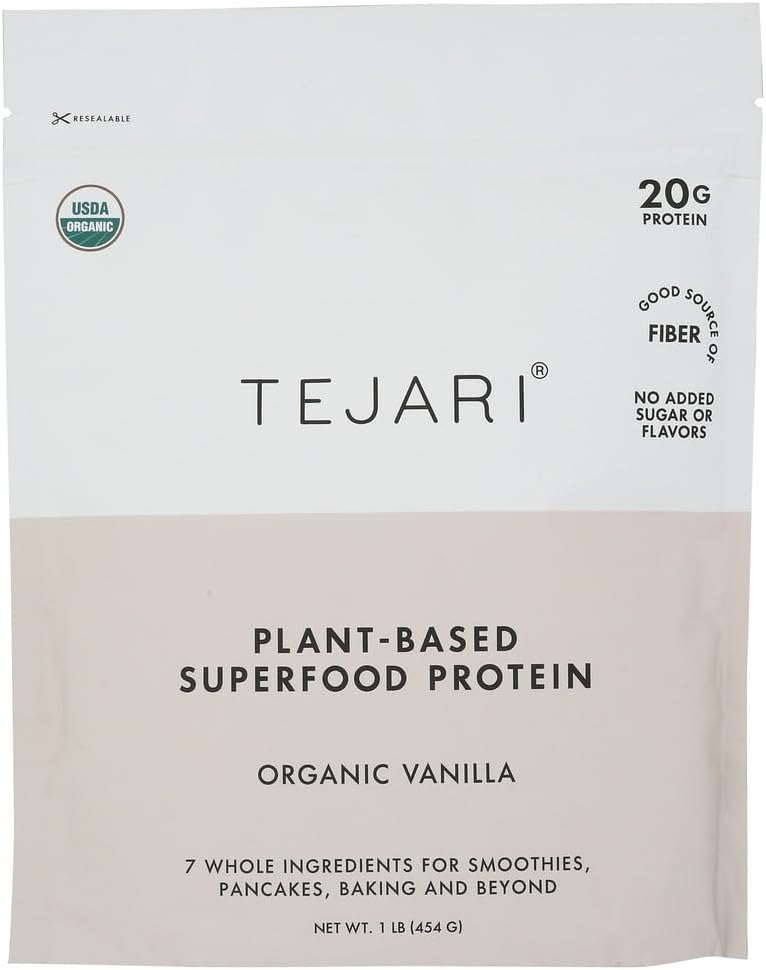 Tejari plant-based superfood protein package with vanilla flavor on a white background