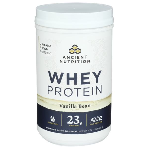 Container of Ancient Nutrition whey protein powder with vanilla bean flavor on a white background