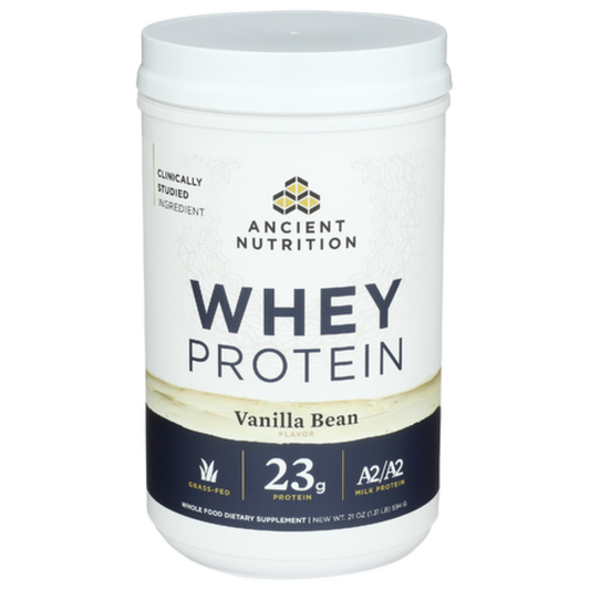 Container of Ancient Nutrition whey protein powder with vanilla bean flavor on a white background
