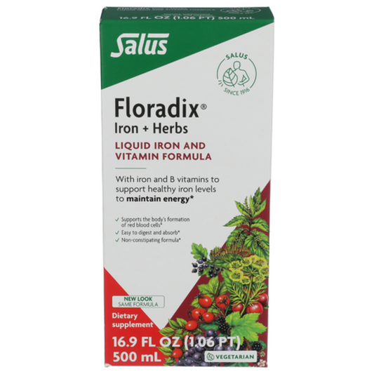 Box of Salus Floradix Iron + Herbs supplement on a white background