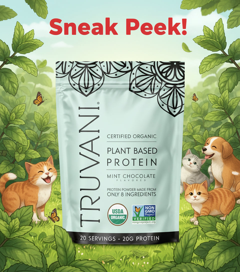 Truvani plant-based protein package with cartoon animals in a green, leafy background