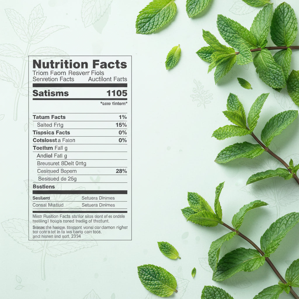 Nutrition facts label and ingredient list for a mint chocolate flavored protein product on a green background.