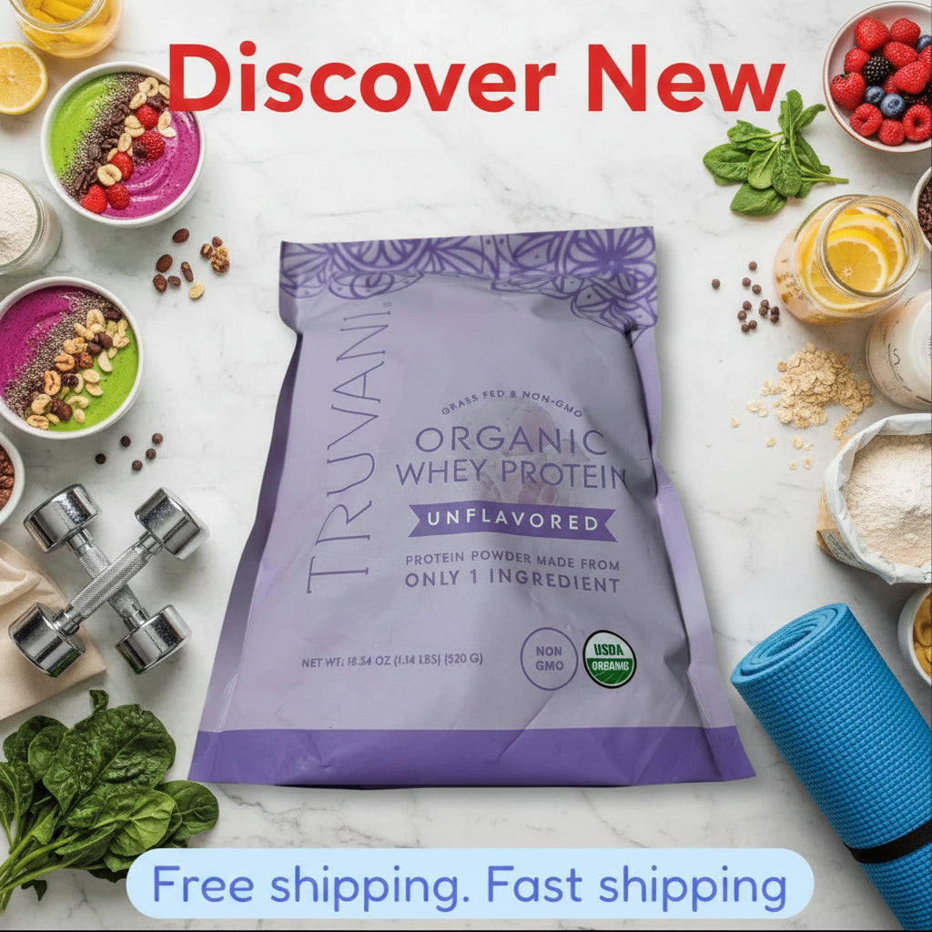 Purple package of Truvani Organic Whey Protein on a marble surface