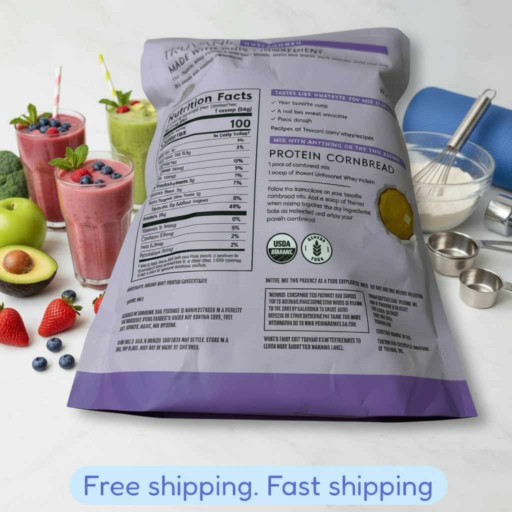 Protein cornbread mix package with nutritional information on a white background