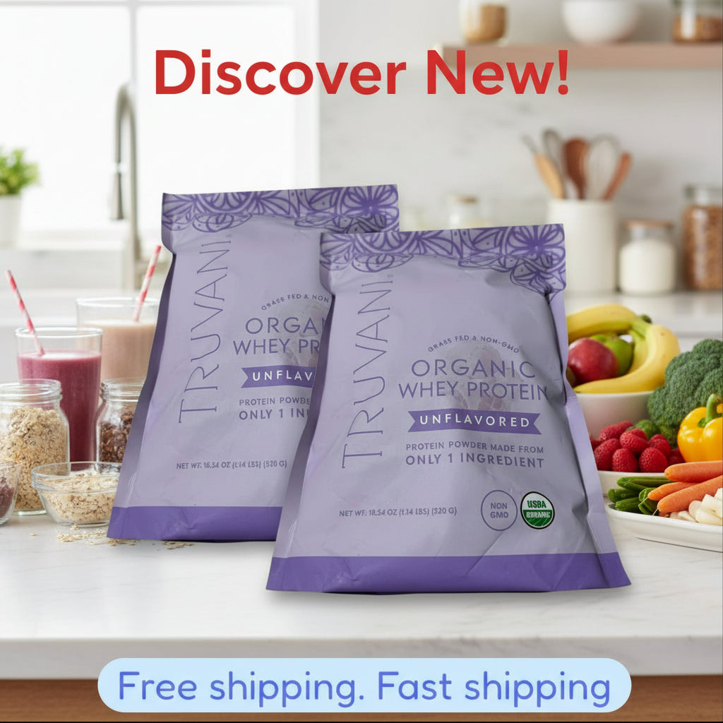 Purple package of Truvani Organic Whey Protein on a marble surface