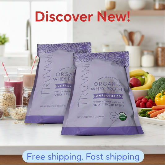 Purple package of Truvani Organic Whey Protein on a marble surface