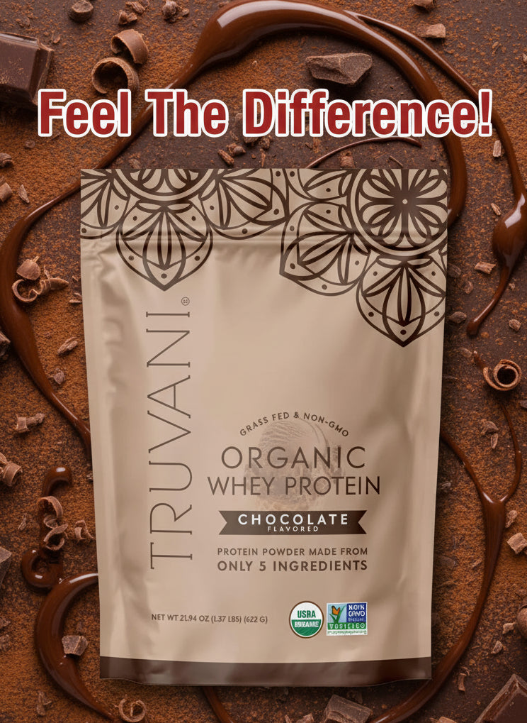 Truvani Organic Whey Protein Powder bag in Chocolate flavor, showing the Organic and Grass-Fed seals.