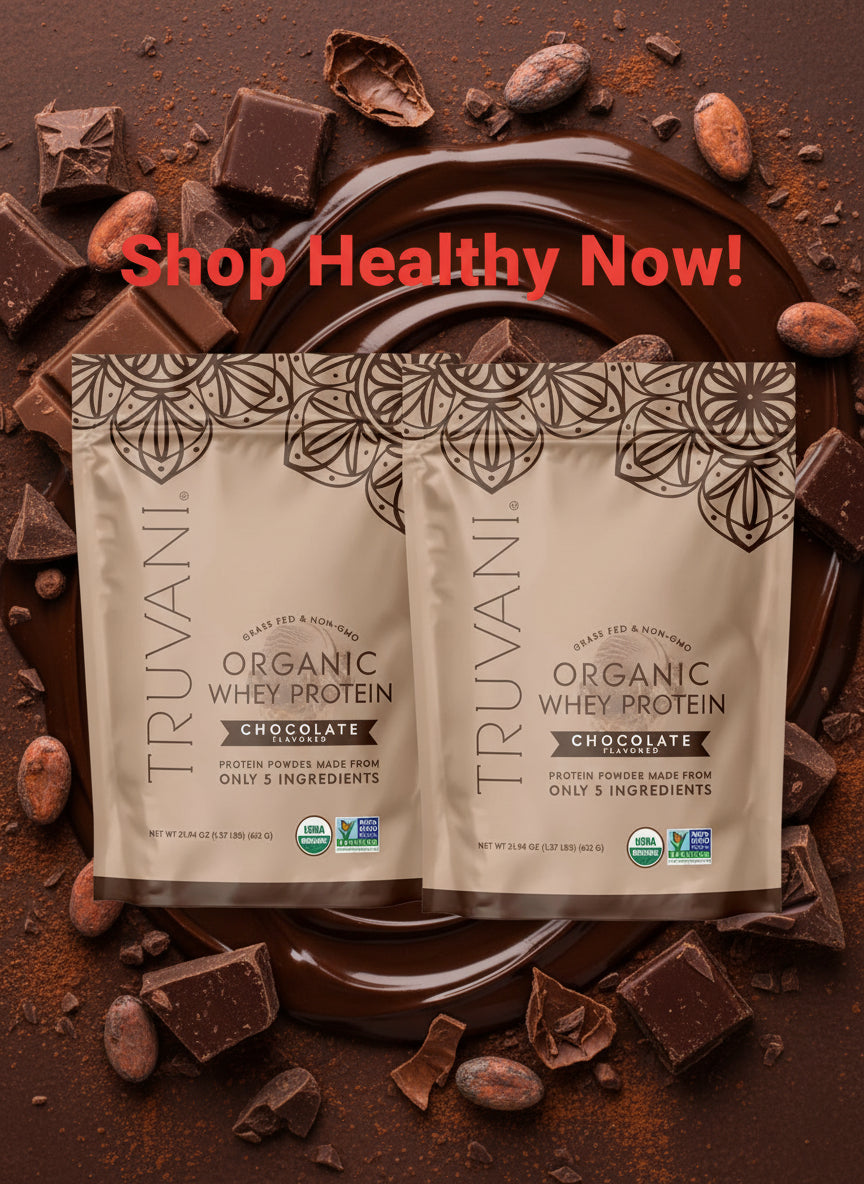 Two bags of Truvani Organic Grass-Fed Whey Protein Powder in Chocolate flavor, 20g protein, bundled as a 2-Pack.