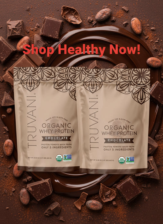 Two bags of Truvani Organic Grass-Fed Whey Protein Powder in Chocolate flavor, 20g protein, bundled as a 2-Pack.