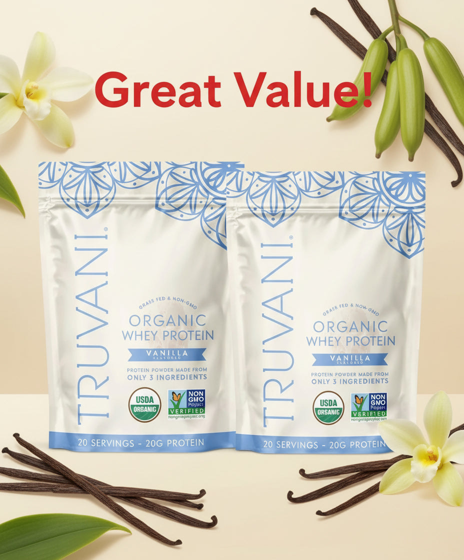 Truvani organic whey protein package with blue and white design