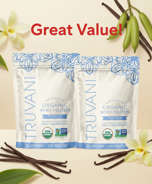 Truvani organic whey protein package with blue and white design