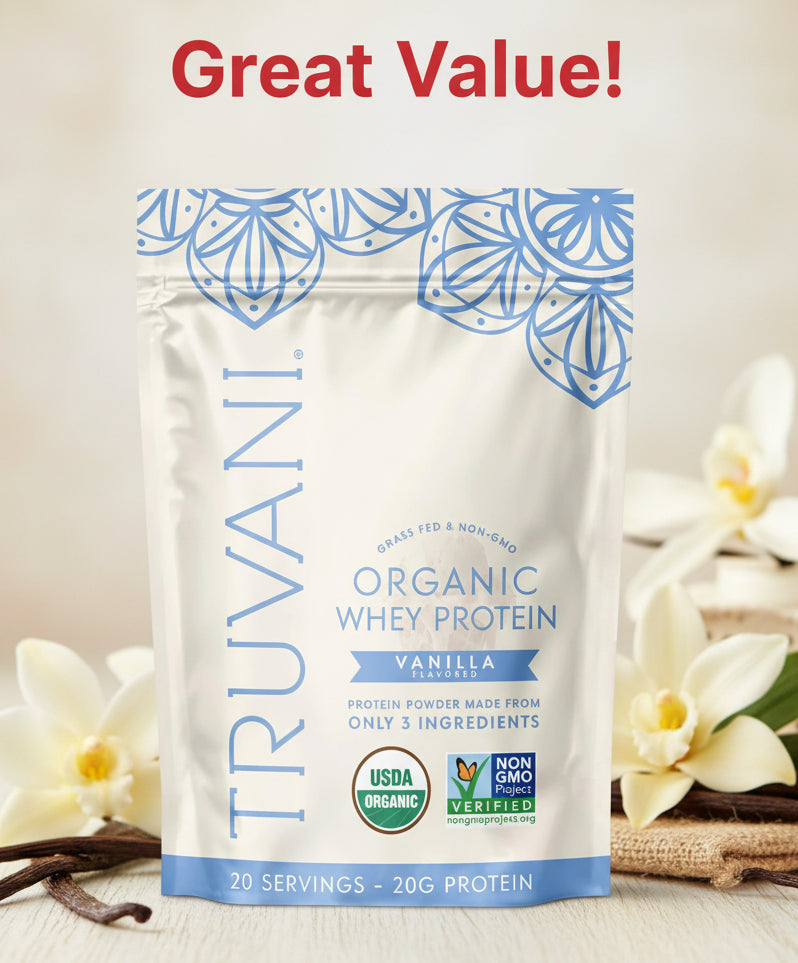 Truvani organic whey protein package with blue and white design