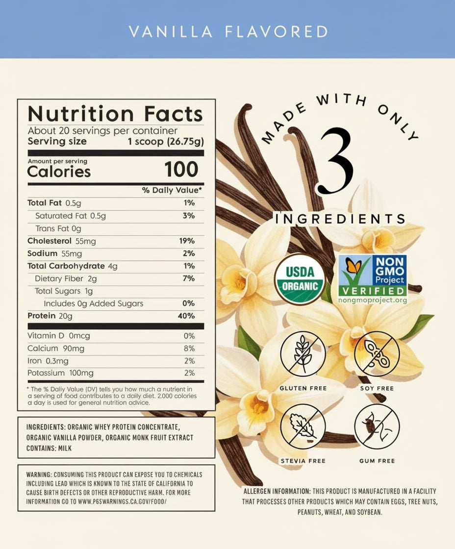 Nutrition facts label for a vanilla-flavored product with three ingredients, organic certification, and allergen-free icons.
