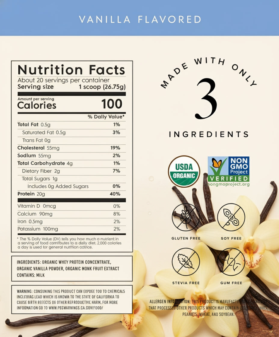 Nutrition facts label for Truvani Organic Whey Protein Powder in vanilla flavor, highlighting serving size, calories, and nutritional content including protein and ingredients.