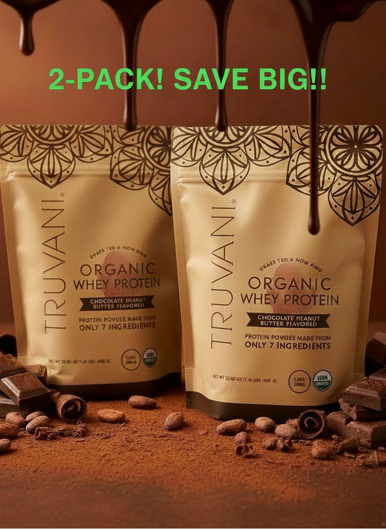 Two packages of Truvani Organic Whey Protein on a yellow background