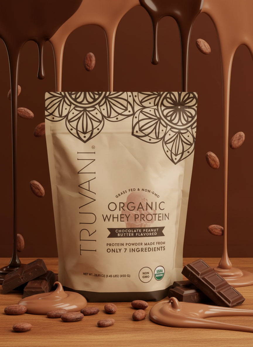 Truvani organic whey protein package on a wooden surface with a neutral background