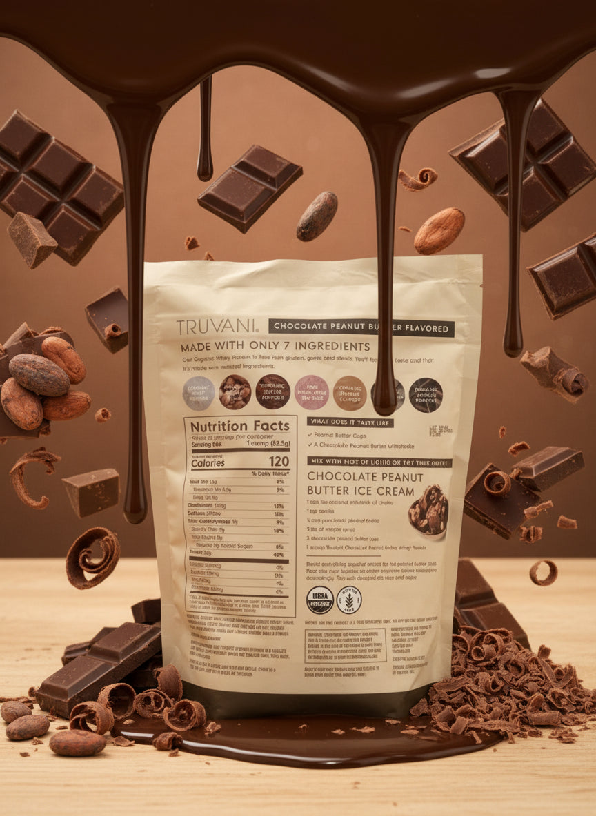 Truvani chocolate peanut butter flavored product packaging on a wooden surface with a neutral background