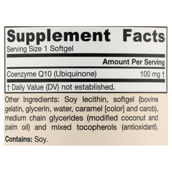 Supplement facts label with Coenzyme Q10 content and ingredient list on a beige background