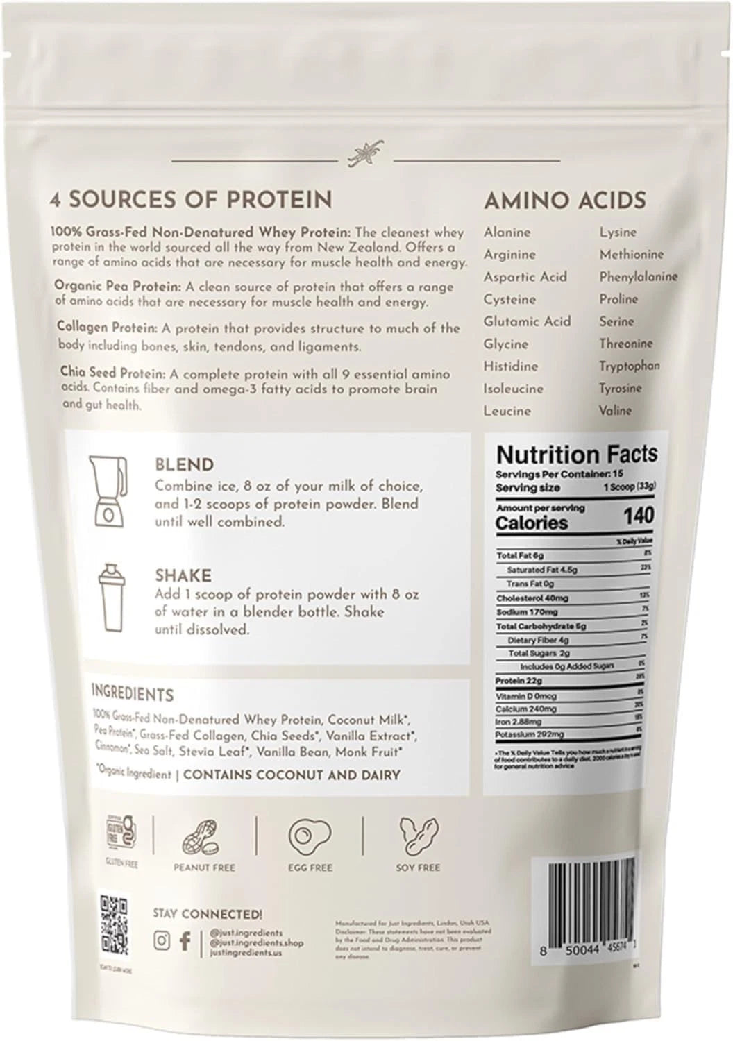Protein powder package with nutritional information and ingredients listed