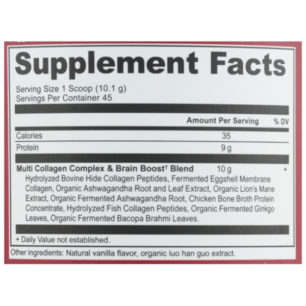 Supplement facts label for a multi-collagen complex and brain boost blend on a white background.