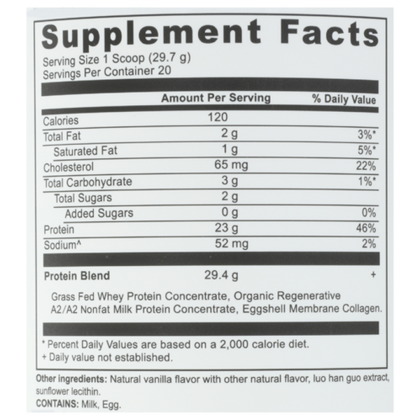 Supplement facts label for a protein product with detailed nutritional information.