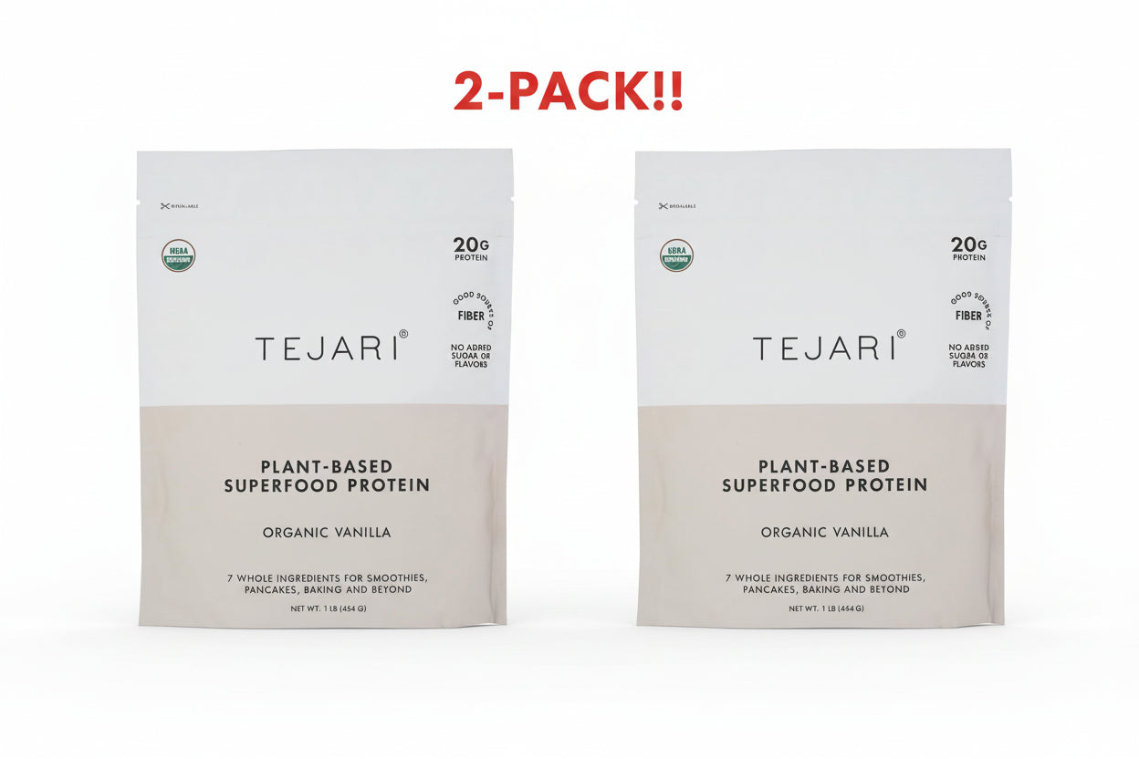 Two packages of Tejari plant-based superfood protein on a white background with '2-Pack!!' text above.