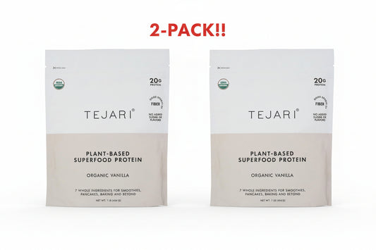Two packages of Tejari plant-based superfood protein on a white background with '2-Pack!!' text above.