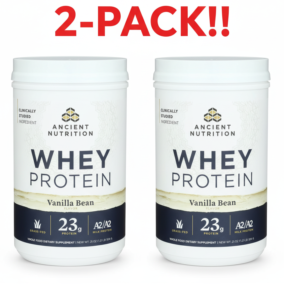 Two containers of Ancient Nutrition whey protein powder on a white background with '2-Pack!' text above.