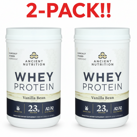 Two containers of Ancient Nutrition whey protein powder on a white background with '2-Pack!' text above.