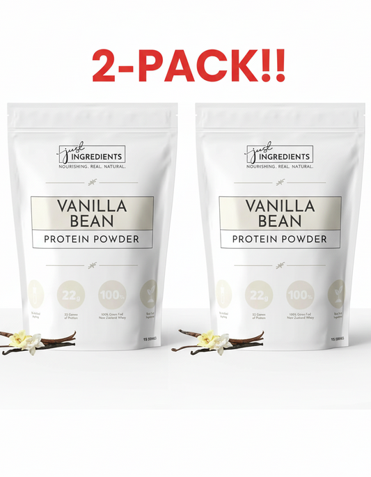 Two packages of Vanilla Bean Protein Powder with '2-Pack' text above on a white background.